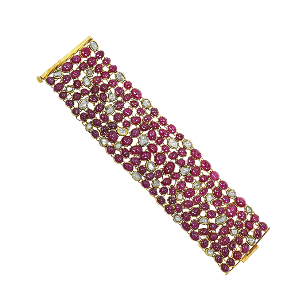 Wide Ruby Cabochon Bracelet with Scattered Polki Diamonds